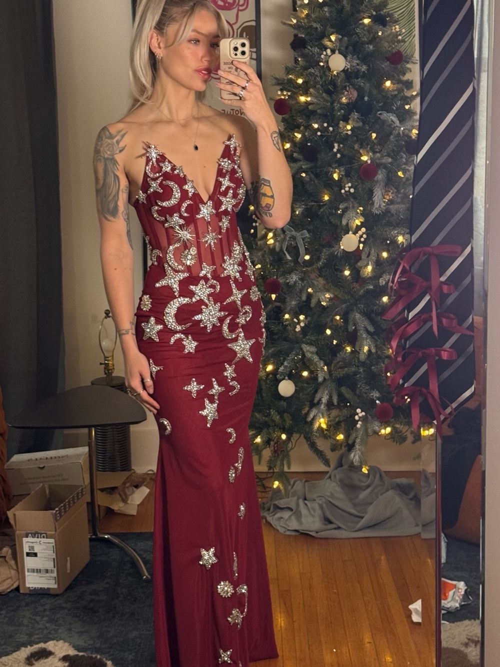 Elegant Embellished Burgundy Evening Gown